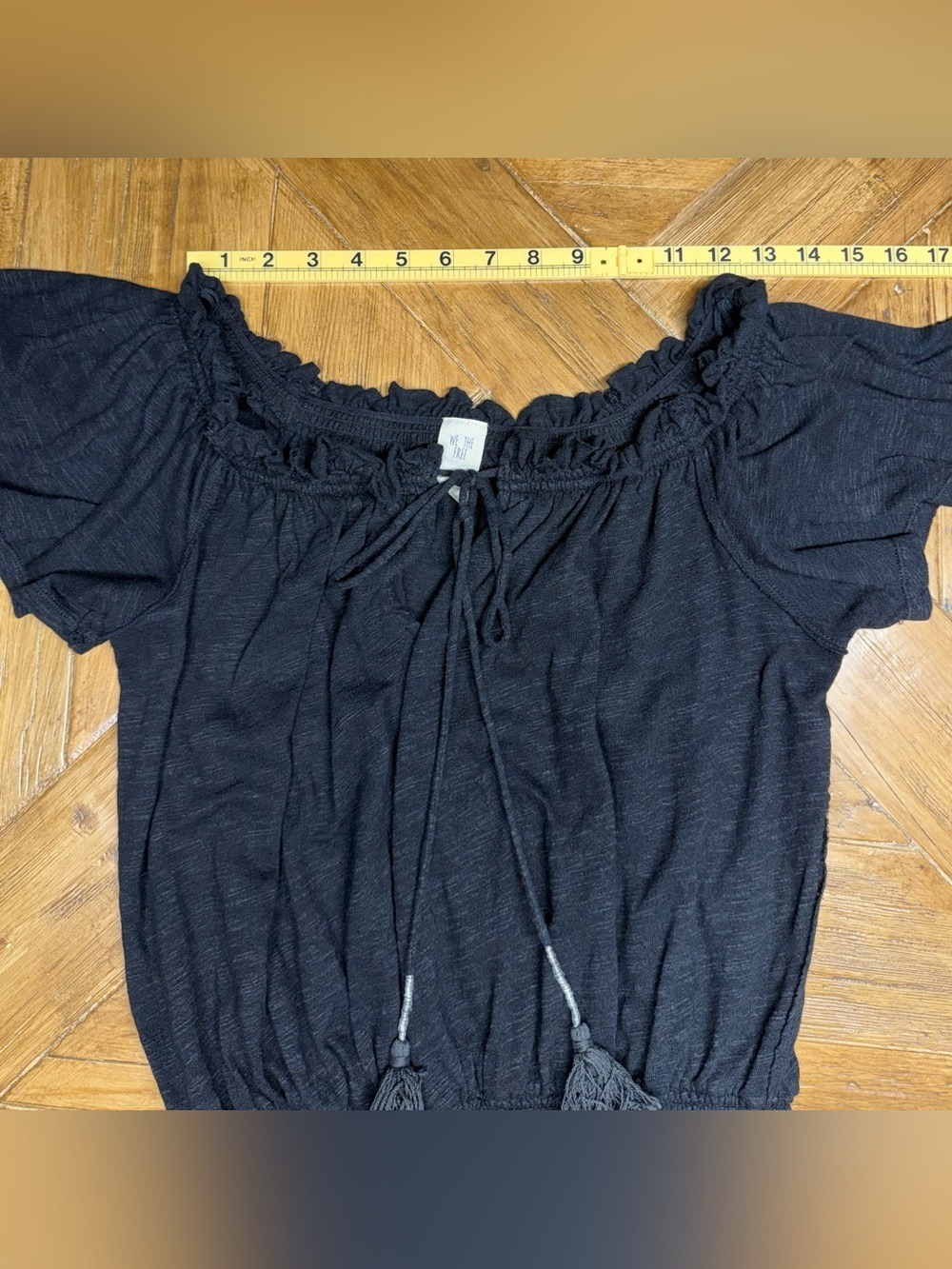 We The Free Free People Black Smocked Peasant Top Tassel Ties - Size S - Picture 8 of 12